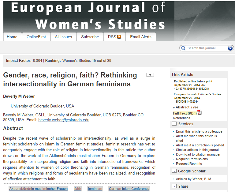 Gender, race, religion, faith? Rethinking intersectionality in German feminismsDespite the recent …